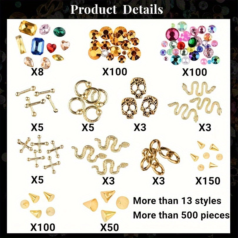 300 Pieces Of Y2K Black Golden Silvery Punk Cone Rivet 3D Golden Skull Cross Chain Snake Pattern Retro Alloy Golden Nail Pendant Glass Pointed Bottom Gem Resin Water Drill Female Girl Golden Nail DIY Nail Art Decoration Set