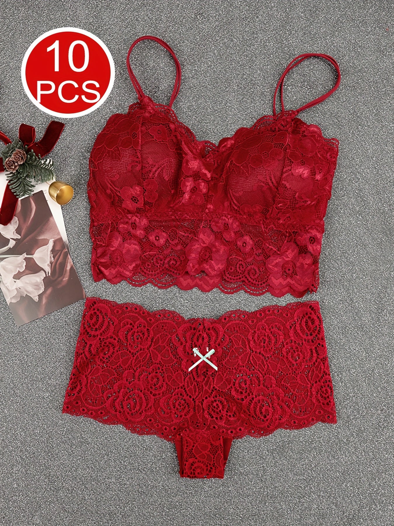 10pcs Women's Lace Trim Bra & Panty Set - 6 Colors, S-XL, Nylon Spandex Blend, Mid-Rise Waist with Bow Design, Comfortable Everyday Lingerie Set, Breathable Underwear & Supportive Bras for Women