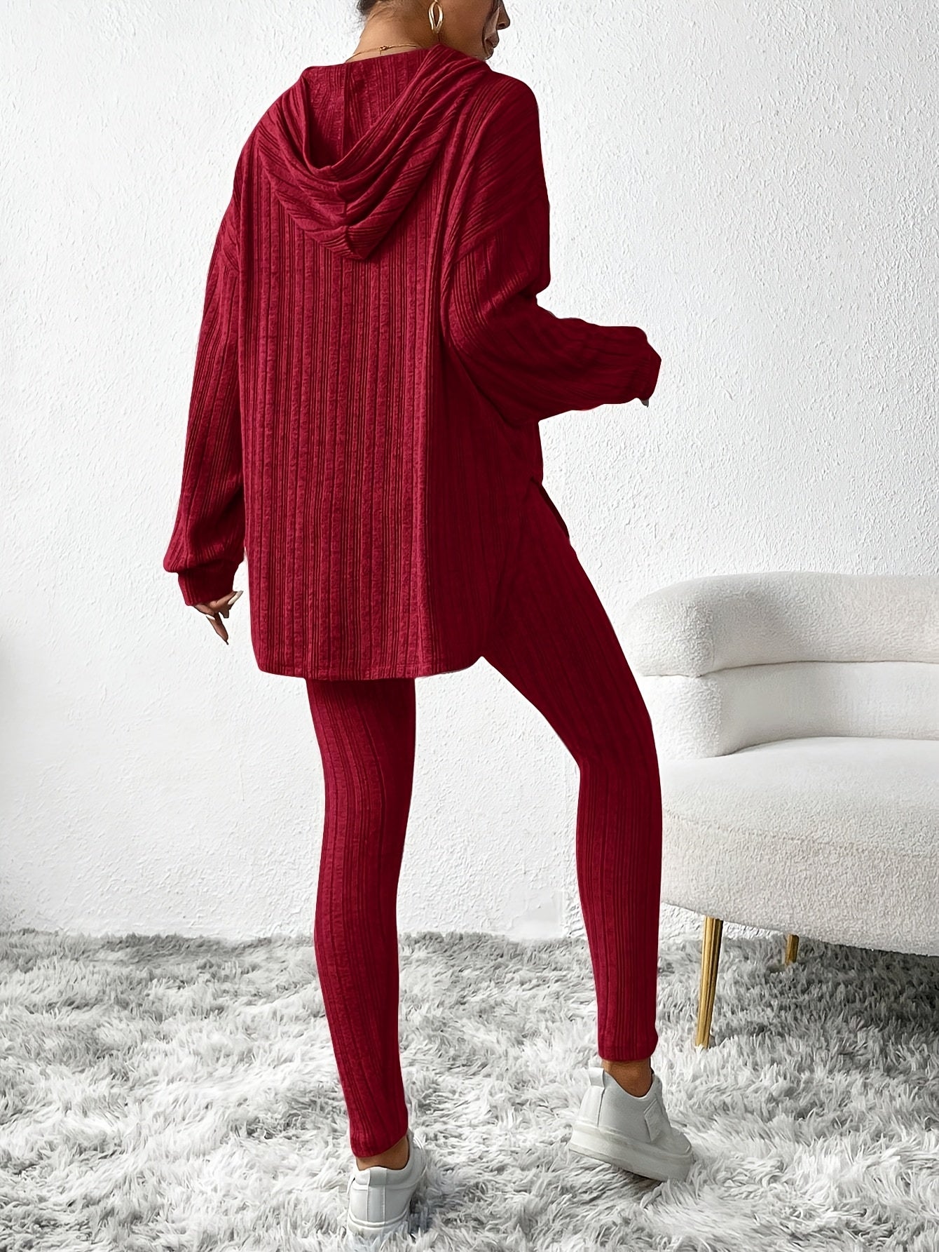 two-piece Ribbed Long Sleeve Hooded Top & Skinny Pants Set for Women, Casual Lounge Outfit
