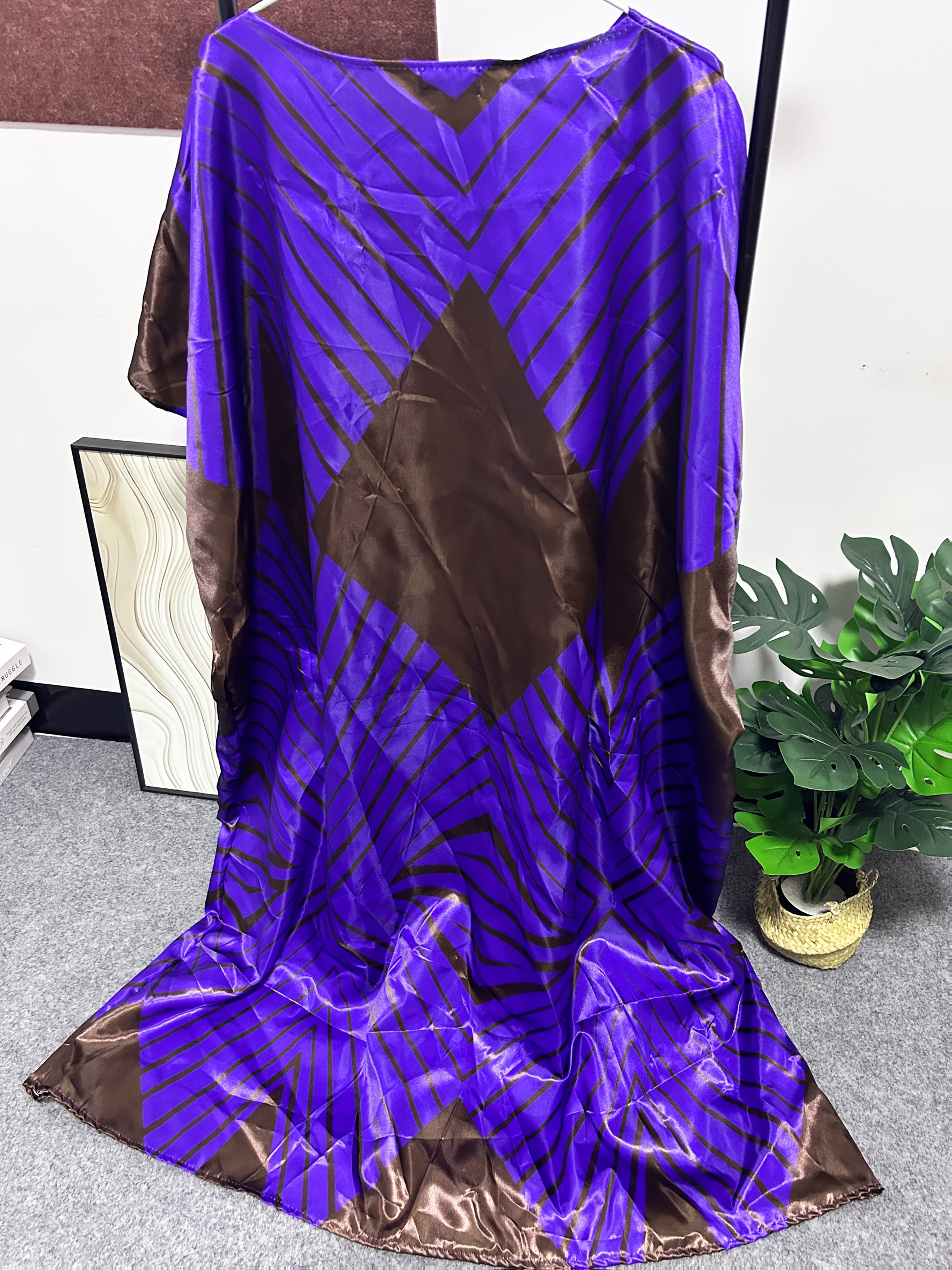 Print Maxi Dress for Women - Traditional Wedding & Party Gown, Purple & Brown Geometric Design, Loose Fit, 3/4 Sleeve, A-Line Silhouette, Hand Wash Only, Dresses for Wedding