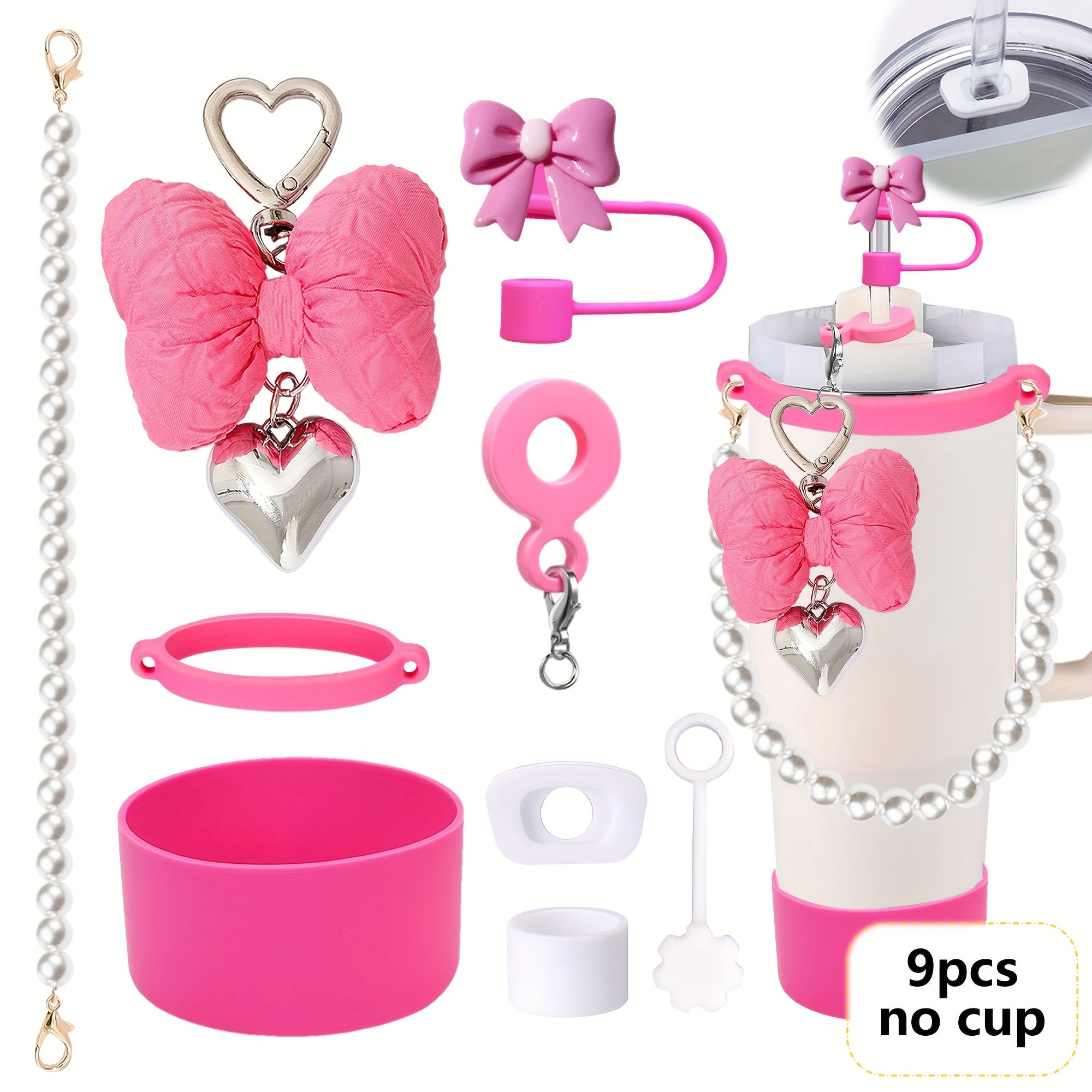 9pcs Elegant Pink & White Water Bottle Accessories Set - Pearl Embellished Straps, Resin Bows, Silicone Boot Covers, Spill-Stopper Lids for Ideal Valentine'S Day, Mother'S Day & Birthday Gifts, Water Bottle Accessories | Eleg