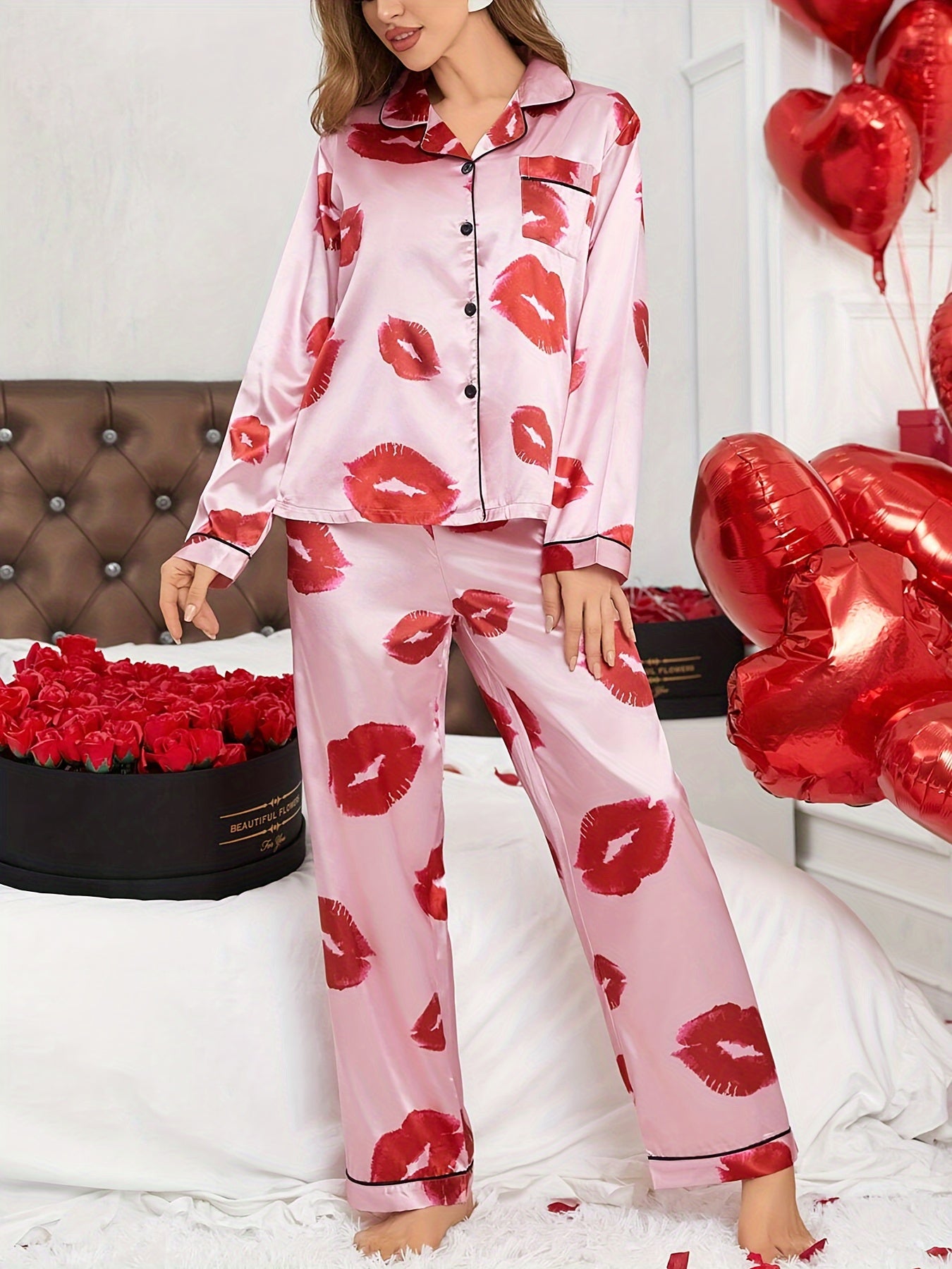 A Two-Piece Satin Loungewear Set for Women in Autumn And Winter, Featuring a Comfortable Long-Sleeve Top And Elastic Waistband Pants.