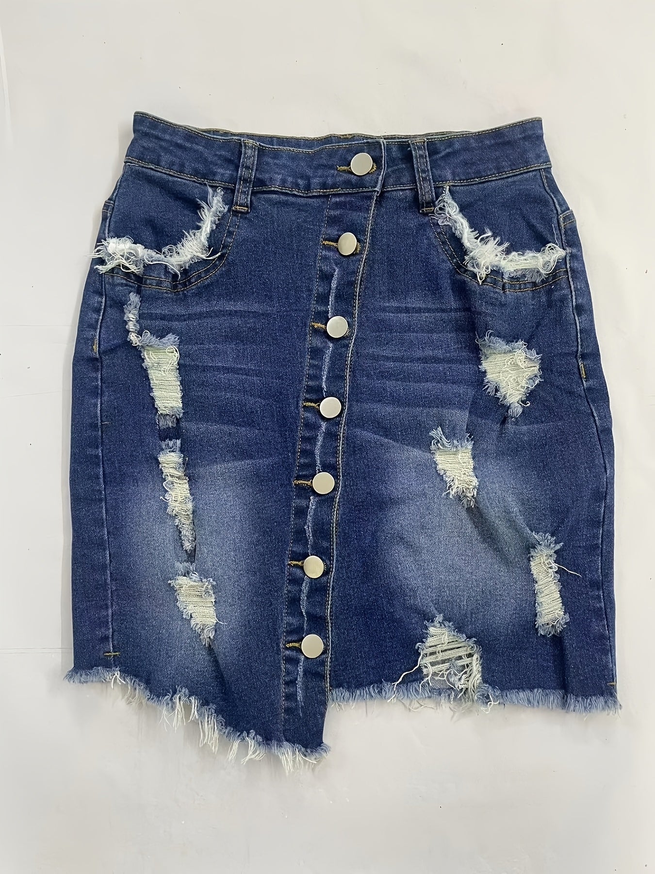 Women's Vintage-Style Denim Mini Skirt with Distressed Details and Raw Hem - Stretchy, Button-Fly Closure, Frayed Edges, Ideal for Spring/Summer/Fall, Denim Skirt