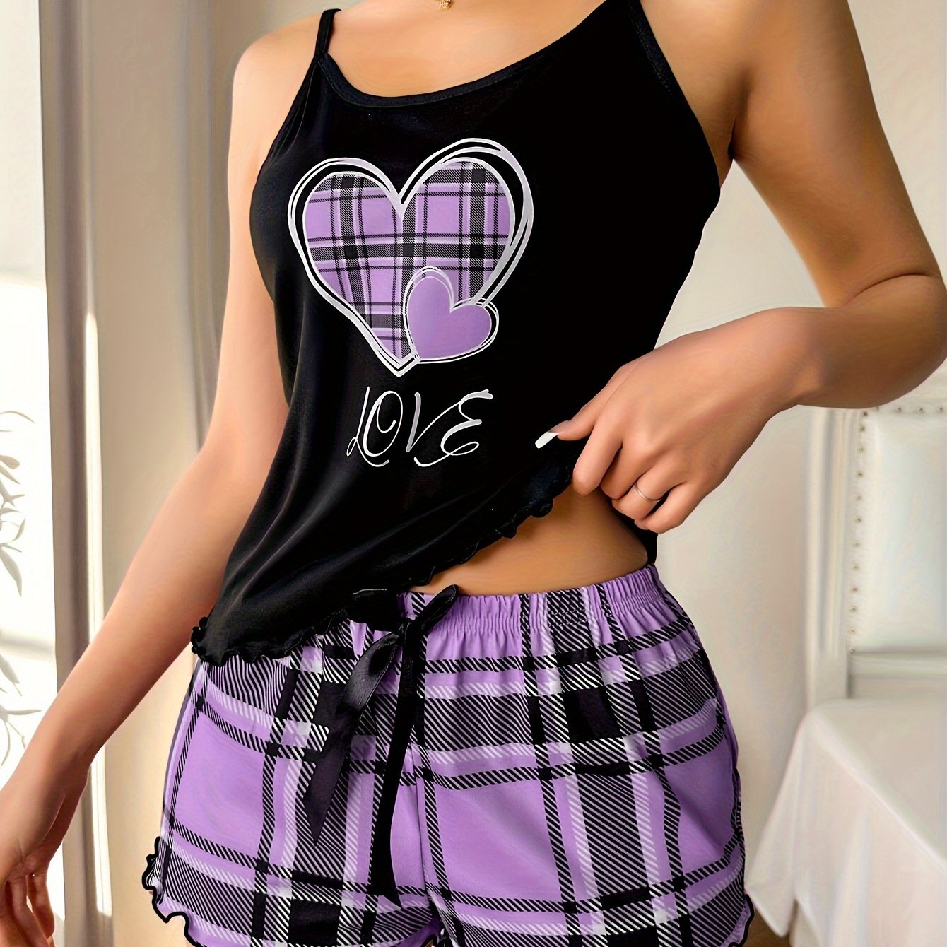 Women's Plaid Heart Print Frill Trim Casual Pajama Set, Round Neck Backless Cami Top & Shorts, Comfortable Relaxed Fit, Summer Nightwear