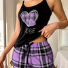 Women's Plaid Heart Print Frill Trim Casual Pajama Set, Round Neck Backless Cami Top & Shorts, Comfortable Relaxed Fit, Summer Nightwear