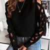 Chic Women's Black Pullover Sweater with Distressed Sleeves - Elegant Cut-Out Detail, Crew Neck, Long Sleeve, High Stretch Nylon/Polyester Blend, Perfect for Autumn Fashion