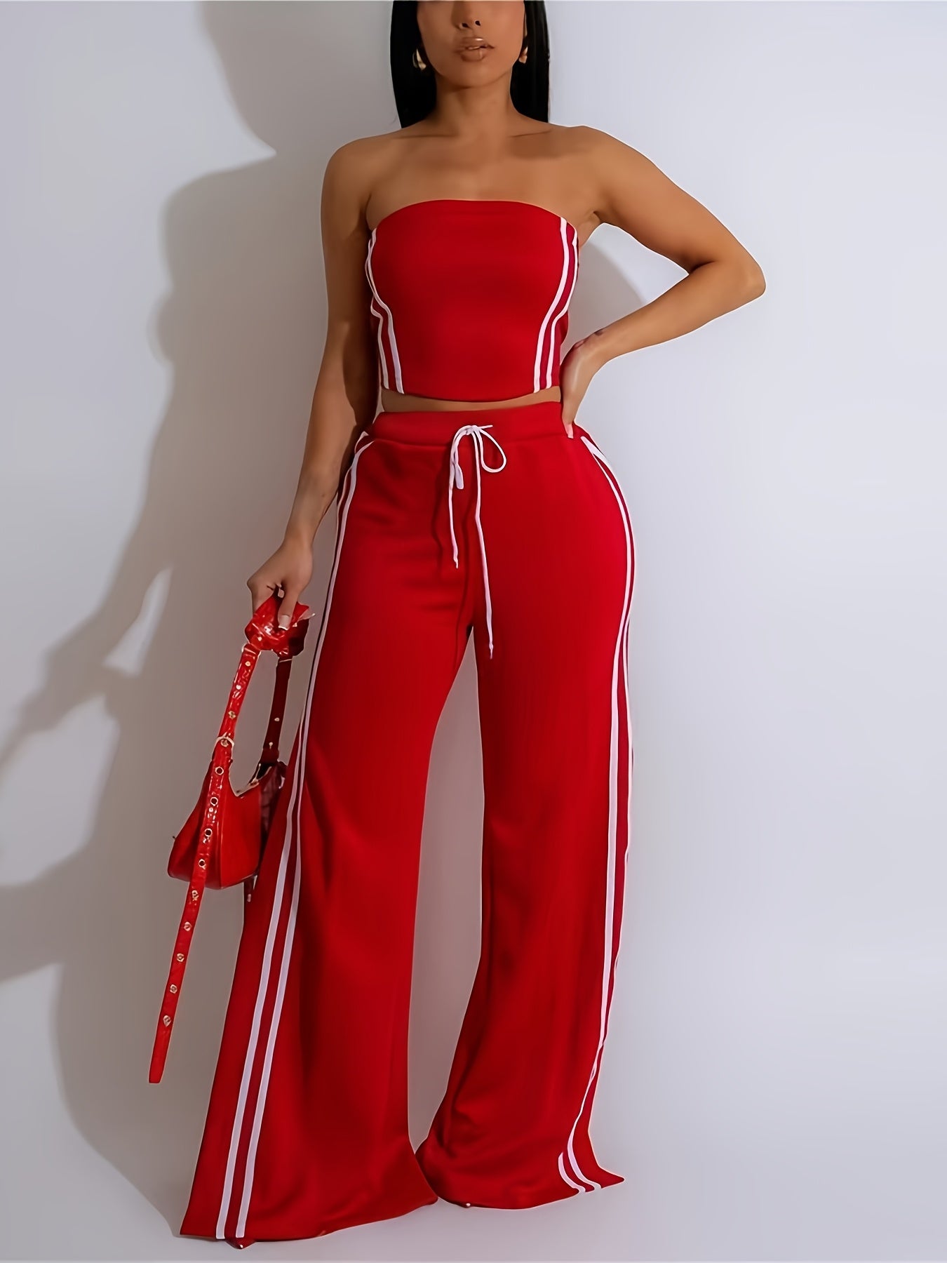 Loose-Fitting Striped Long Pants Set with a Bustier Top
