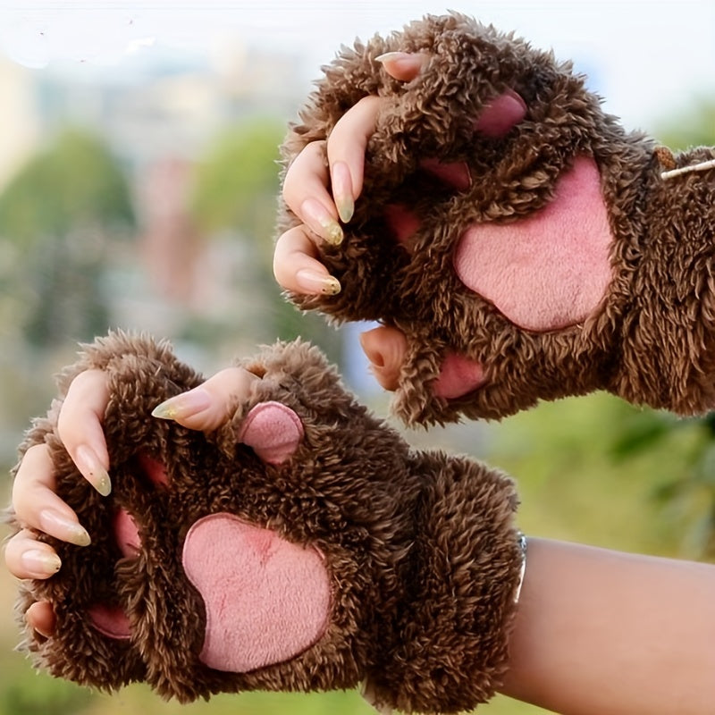 Cute Cat Claw Plush Gloves Stylish Thick Warm Half Finger Gloves Autumn Winter Soft Cozy Fuzzy Gloves