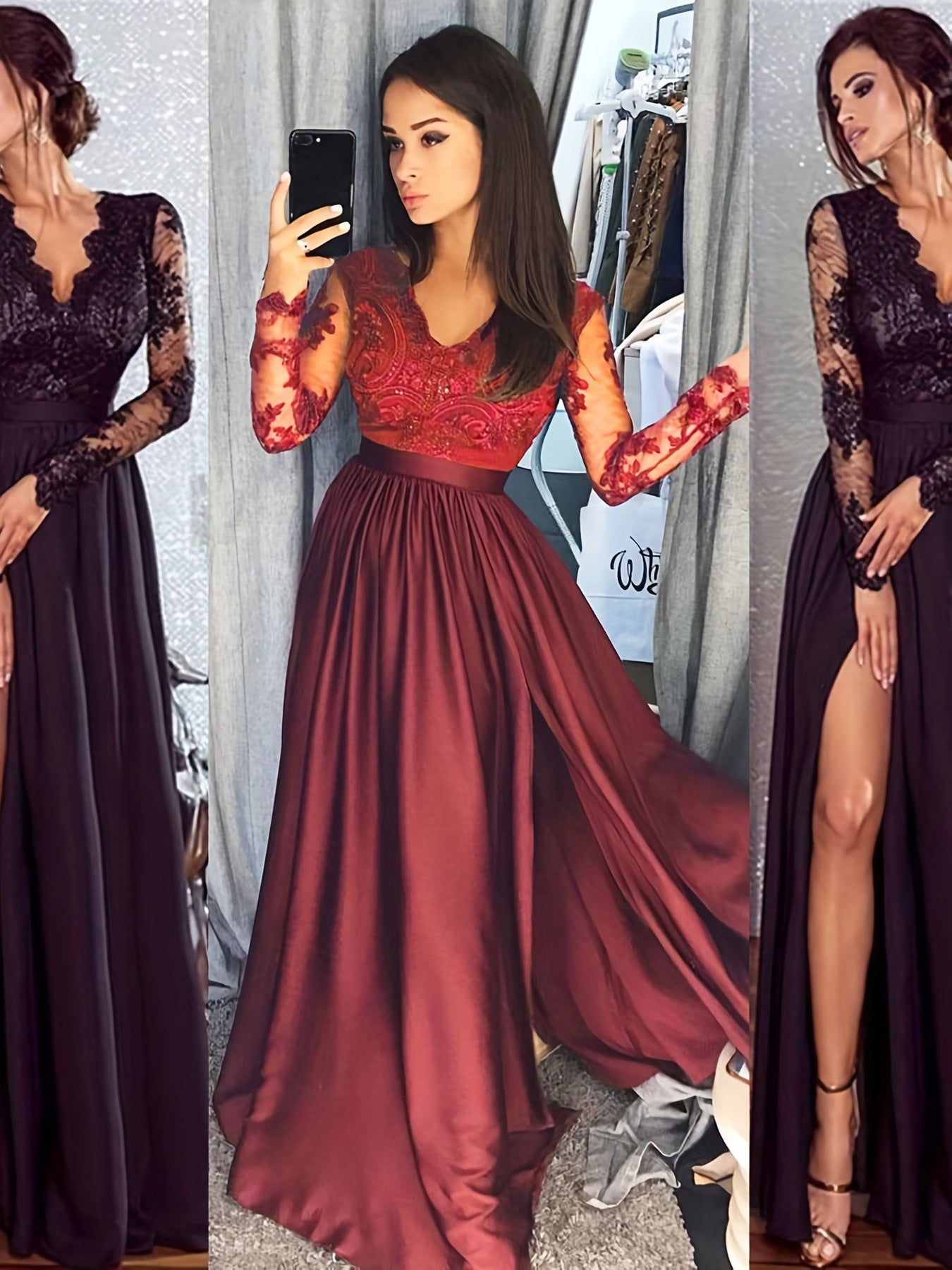 Women'S Crochet Lace Formal Dress Solid Color Long Sleeve Party Wedding Dress Bridesmaid Long Dress
