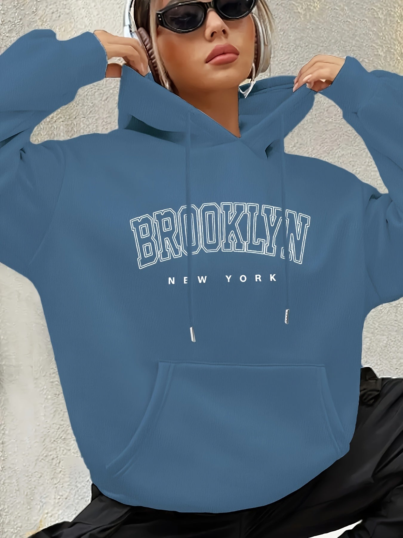 Women's Brooklyn-Inspired Blue Hoodie - Casual Polyester Pullover with Geometric Design, Machine Washable, Ideal for Spring/Summer/Fall, Casual Wear Hoodie | Trendy Casual Hoodie | Knitted Texture, Sweater Hoodie