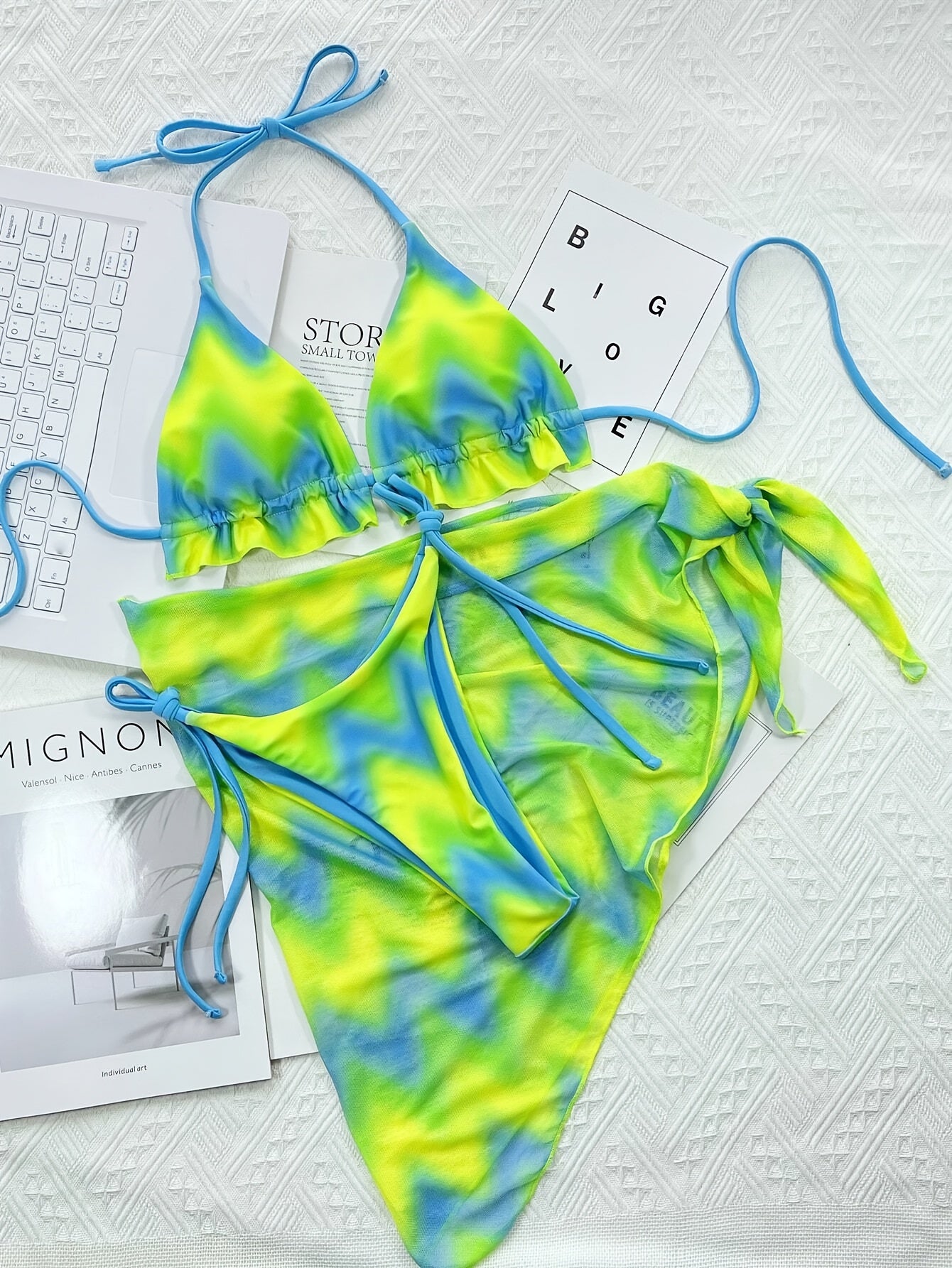 FUBA.VI 3pcs Tie-Dye Bikini Set, V-Neck Halter Top with Triangle Bra and Thong, High Stretch Knit Fabric, Polyester 96%, Elastane 4%, Sleeveless Swimwear with Bow Detail, Summer Beach Wrap Dress