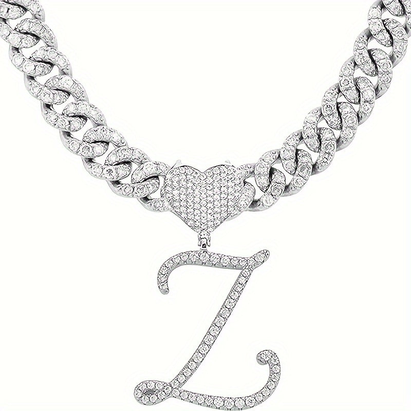 Silvery Cuban Link Necklace - Heart-shaped Alphabet Pendant on Ice Chain - Unisex Hip-hop Jewelry Gift