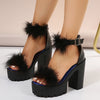 Women's Platform Block Heeled Sandals, Fashion Fluffy Feather Ankle Strap High Heels, Stylish Party & Prom Sandals