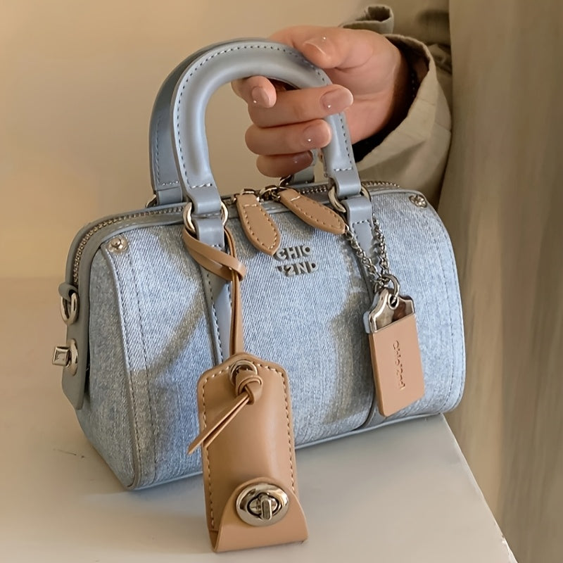 Women'S 2024 New Light Blue Cowboy Pillow Bag, Versatile Handbag with Shoulder Strap, Solid Color, Zipper Closure, Polyester Lined, Edge Paint Detail