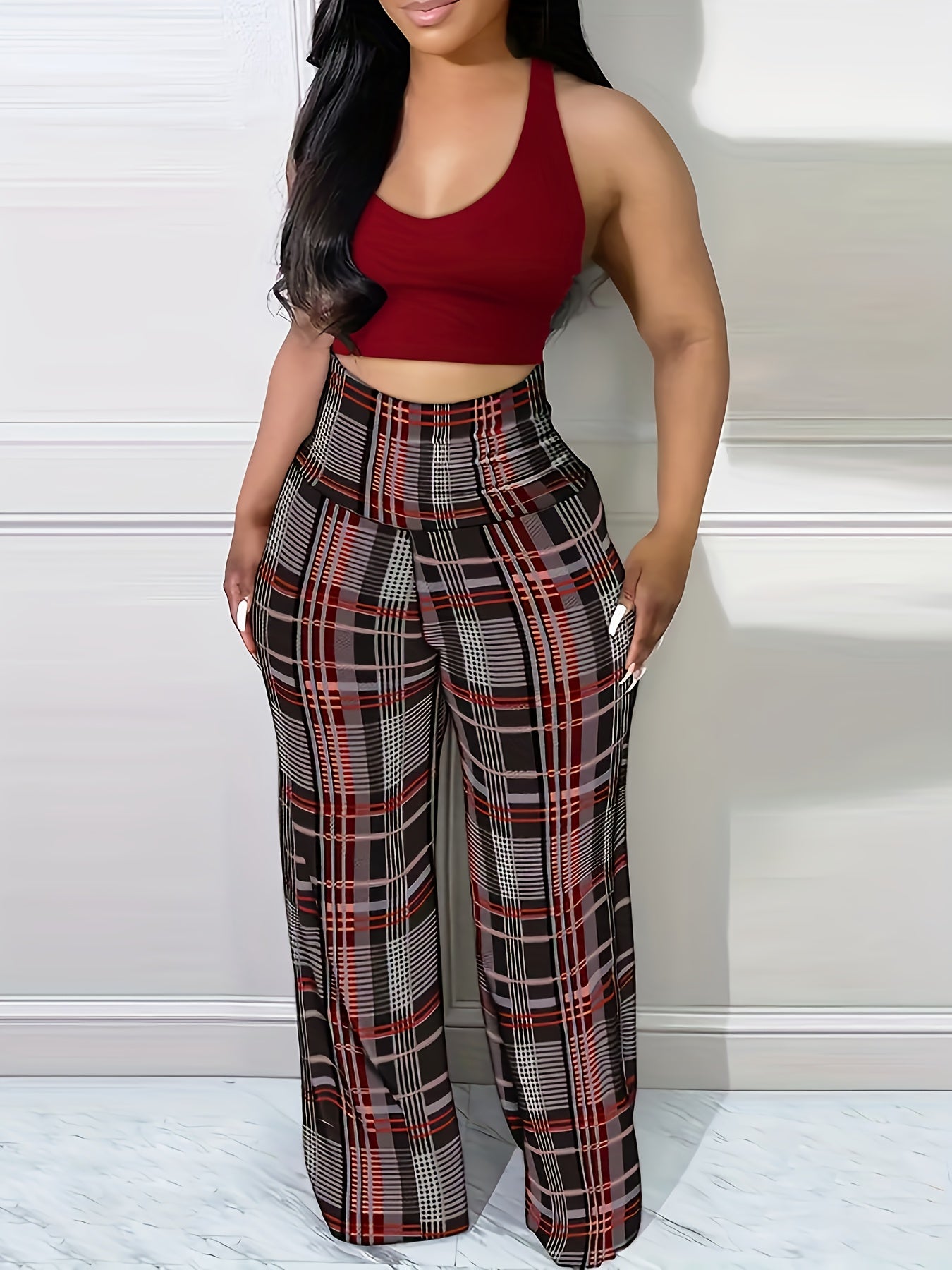 Chic Houndstooth High-Waist Wide-Leg Pants for Women - Stretchy, Casual & Machine Washable - For Women - Suitable for Everyday Wear, Work & Parties - Perfect Gift for Fashionable Women