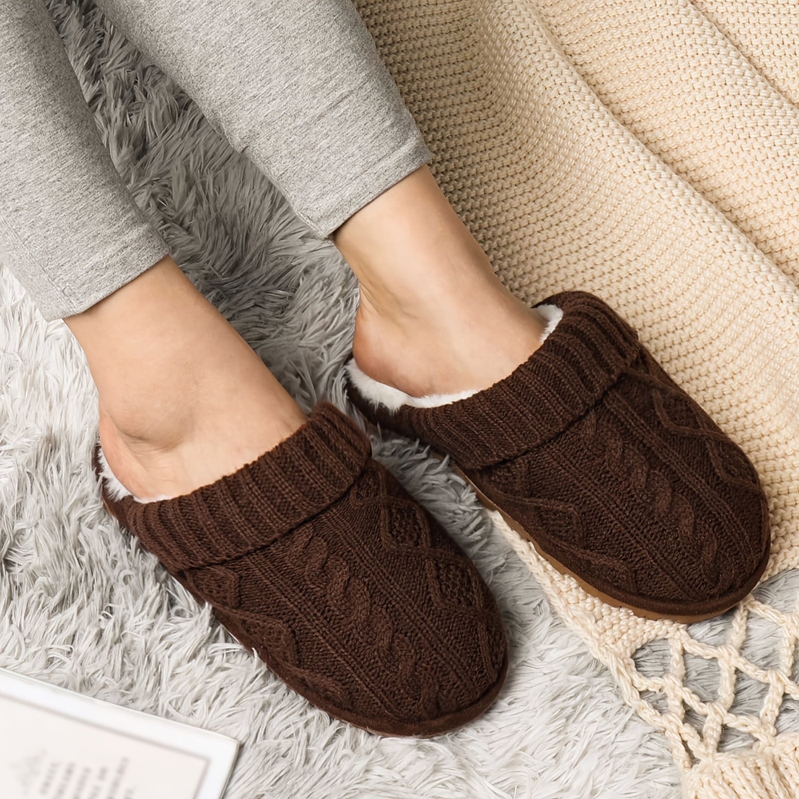 Cozy Women's Plush Lined Slippers with, Non-Slip Sole, Soft Ribbed Cuff – Beige/Light Brown, Perfect Christmas Gift for Friends and Girlfriends, House Slippers, Best for Christmas