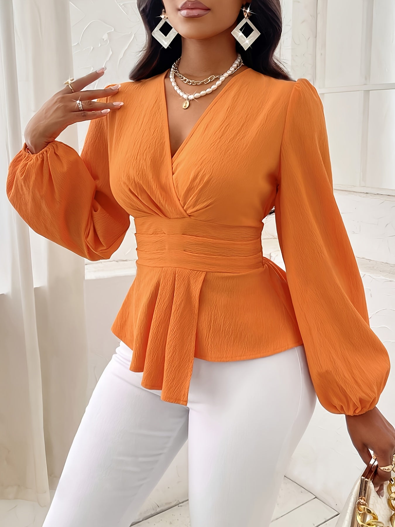 1pc Elegant V-Neck Long Sleeve Blouse for Women, 100% Polyester Asymmetrical Hem Shirred Top, Solid Color Lantern Sleeve Shirt, Woven Regular Length, Fashionable for Spring/Fall