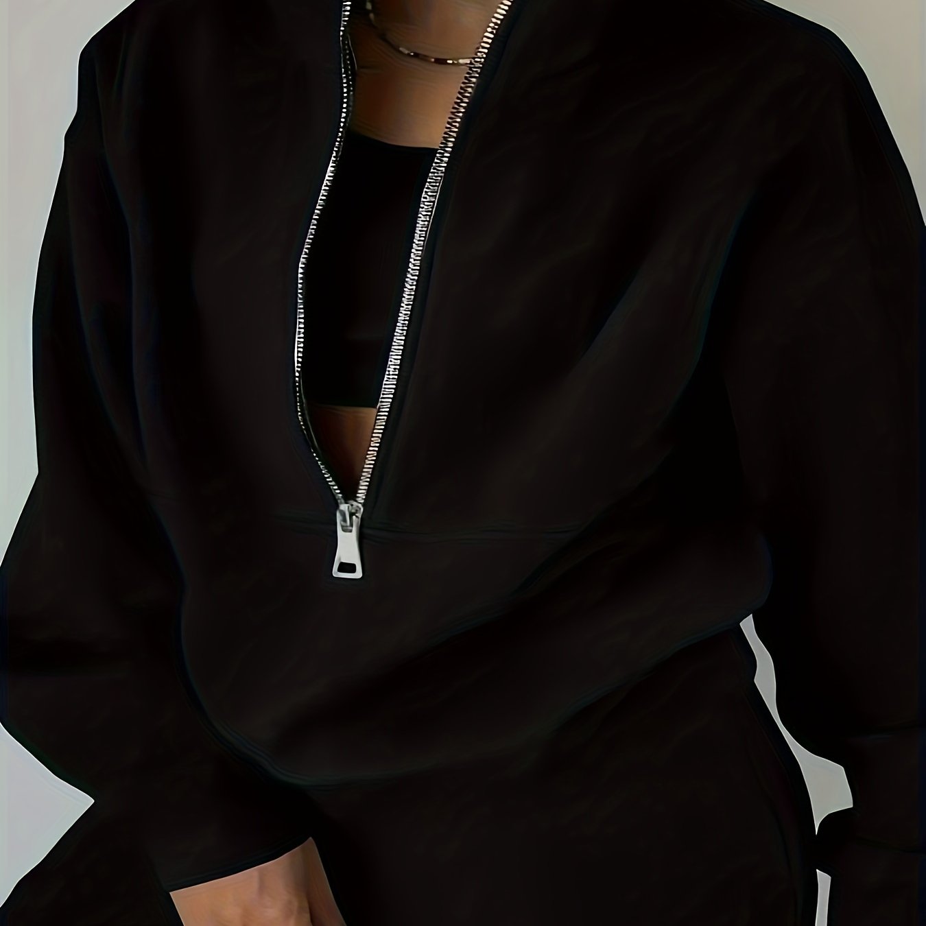Solid Casual Two-piece Set, Zip Front Long Sleeve Sweatshirt & Elastic Waist Pants Outfits, Women's Clothing