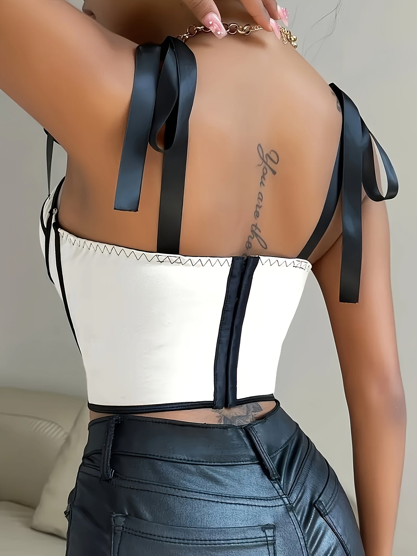 Elegant Black and White Ribbon-Embellished Mesh Cami Top with Color Block Design and Boning Detail - Sexy Spring/Summer Collection for Women, Womens Fashion|Elegant Halter Top| Delicate Lacing