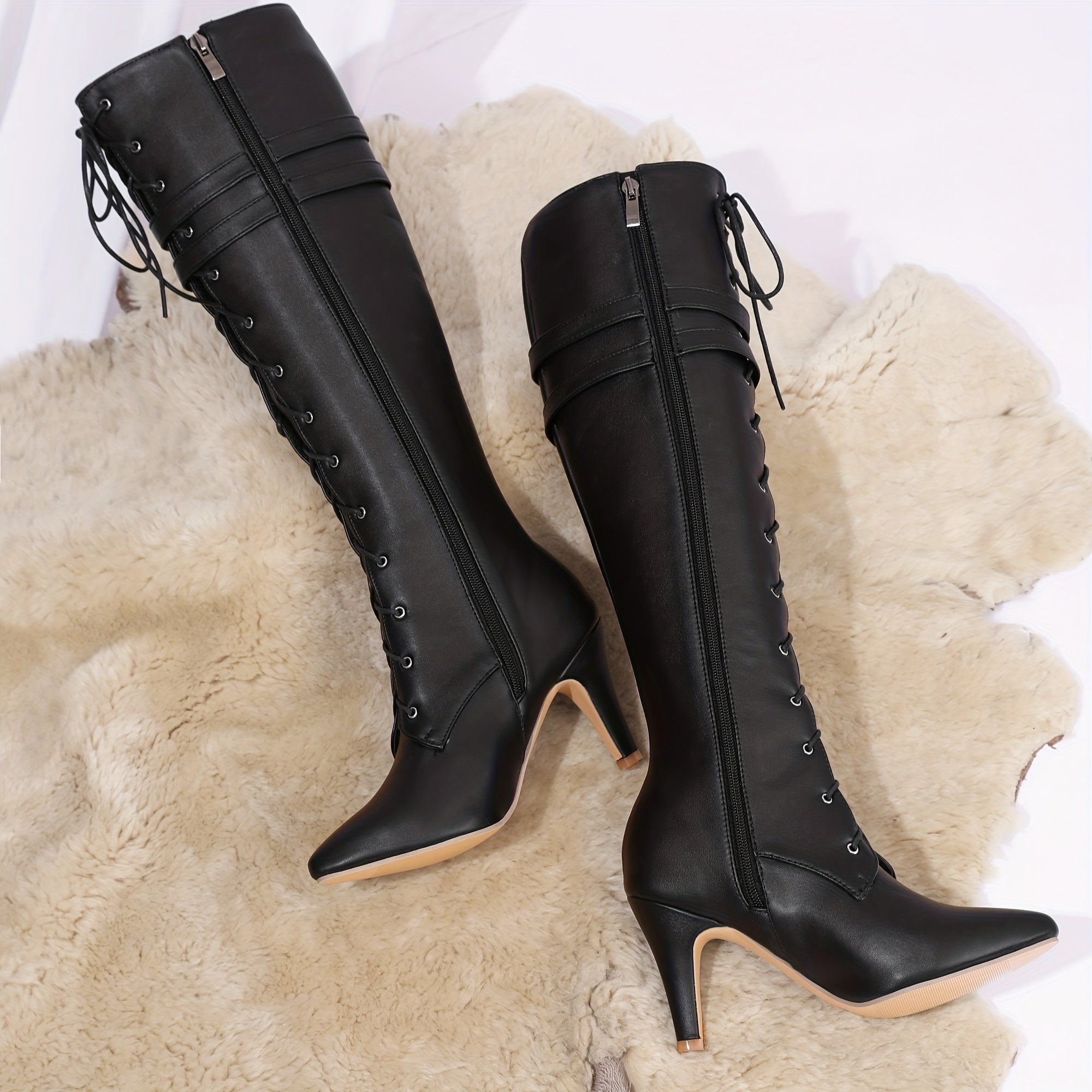 1pr Women'S Knee-High Boots - Solid Color, Pointed Toe, Flare Heel, Zipper, Man-Made Upper, Fabric Inner & Insole, Rubber Sole - Fashion High Heel Booties