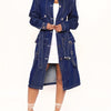 Chic Women's Long Denim Trench Coat with Belt - Classic Button-Up, Long Sleeve Jean Jacket for Spring/Fall