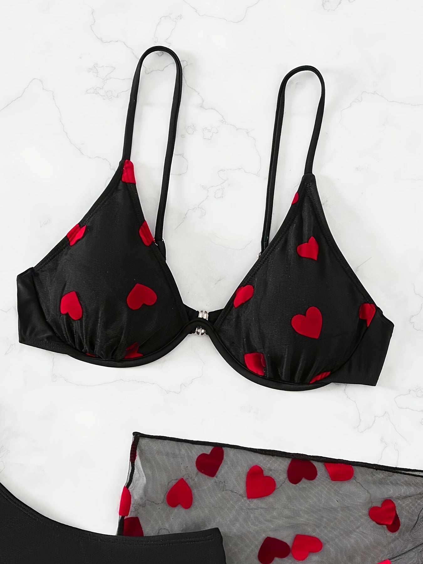 Romantic Heart Pattern Bikini Set - Flattering V Neck, Adjustable Back Buckle, High Cut Swimsuit with Sheer Mesh Skirt Cover Up - Stylish 3 Piece Womens Swimwear Ensemble