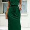 Solid Color Drawstring Waist Dress, Vacation Short Sleeve Split Midi Dress For Spring & Summer, Women's Clothing