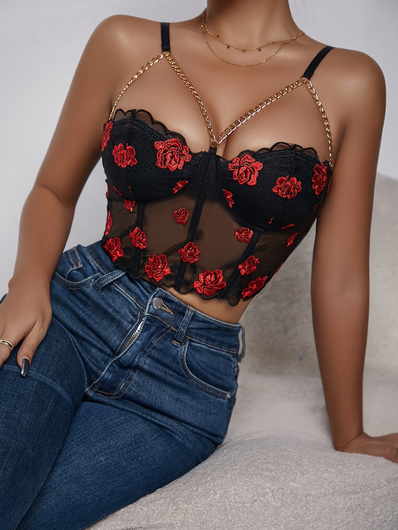 Floral Print Chain Detail Cami Top, Elegant Sleeveless Crop Top for Spring & Summer, Women's Clothing