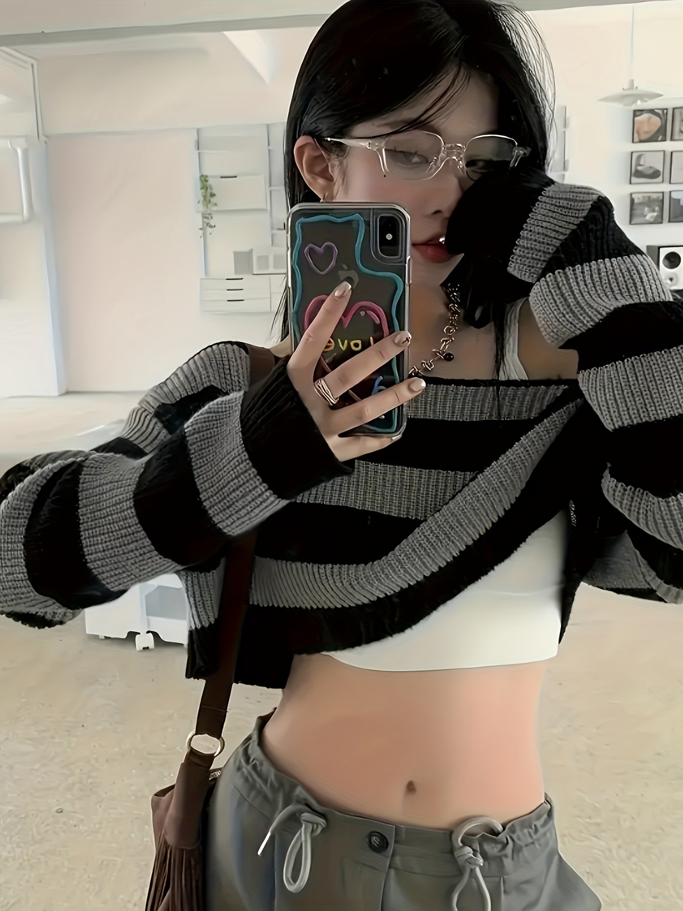 Chic Striped Crop Sweater for Women - Long Sleeve, Round Neck, Polyester Knit Pullover