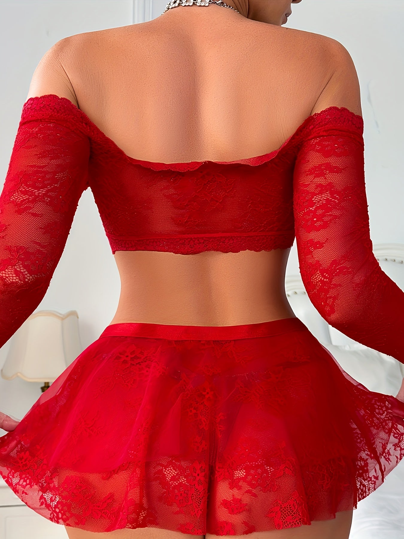 Red Hot Floral Lace Lingerie Set - Seductive Long Sleeve Bra, Thong, Mini Skirt & Stockings - Alluring Womens Intimates Ensemble for Romantic Nights - Luxury One Size Fits Most