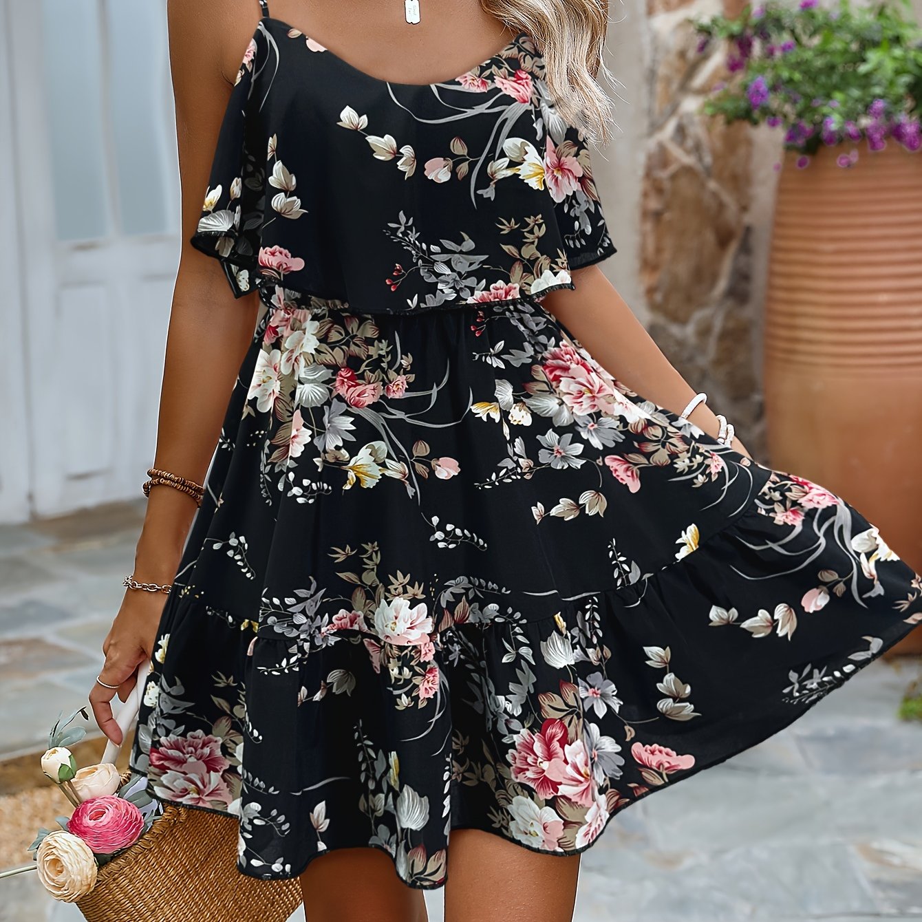 Chic Off-Shoulder Floral Mini Dress with Ruffle Hem & Waist - Casual Polyester, Machine Washable - Perfect for Spring/Summer, Leaf Edge, A-line