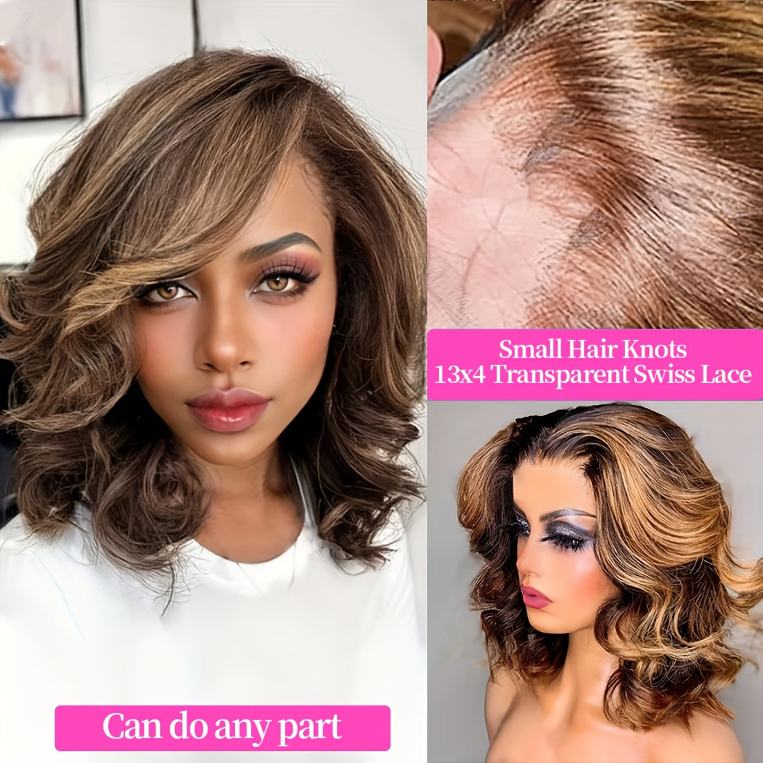 Honey Blonde Ombre Body Wave Lace Front Wig - 13x4 HD Human Hair Bob Wig For Women, Pre-Plucked Brazilian Human Hair With Baby Hair, Highlighted Gradient Color Transition, Loose Waves Hair Wig Perfect For Beginners