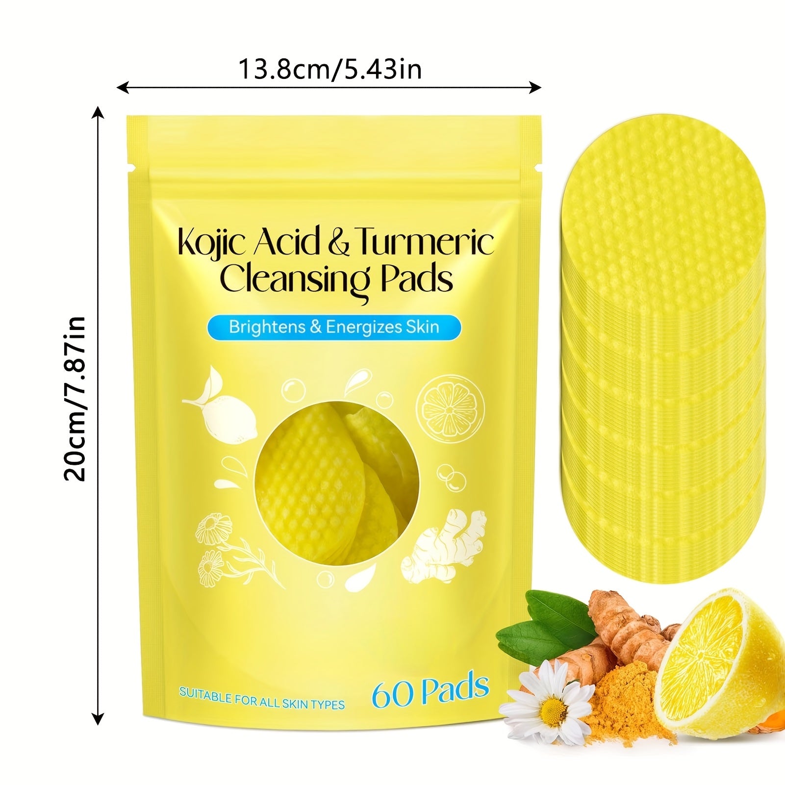 Kojic Acid & Turmeric Cleansing Pads: 60 Pads with Double-Sided Texture for All Light Beige Types - Gentle, Non-Irritating, And Infused with Curcumin, Chamomile, And Turmeric for A Natural Glow, Valentine's Day Gifts