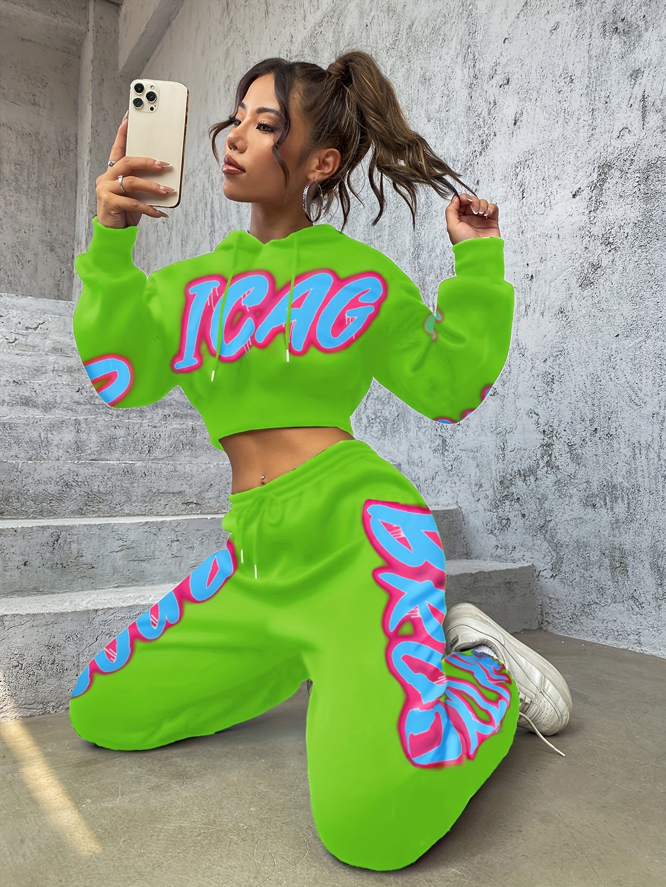 Women'S Spring/Fall Hooded Sweatshirt and Pants Set, Polyester 98% Elastane 2%, Alphabet Pattern, Knit Fabric, 250g/m² - A3964