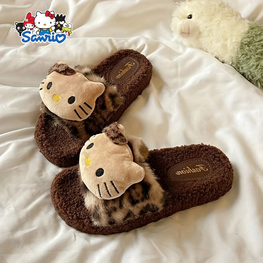 Cozy Hello Kitty Plush Leopard Print Slippers - Non-Slip Soft Sole, Lightweight & Washable, Perfect for Home & Camping, Cute Cartoon Design with Fluffy White Trim, Cozy Indoor Shoes | Playful Bedroom Shoes | PVC Sole Slippers