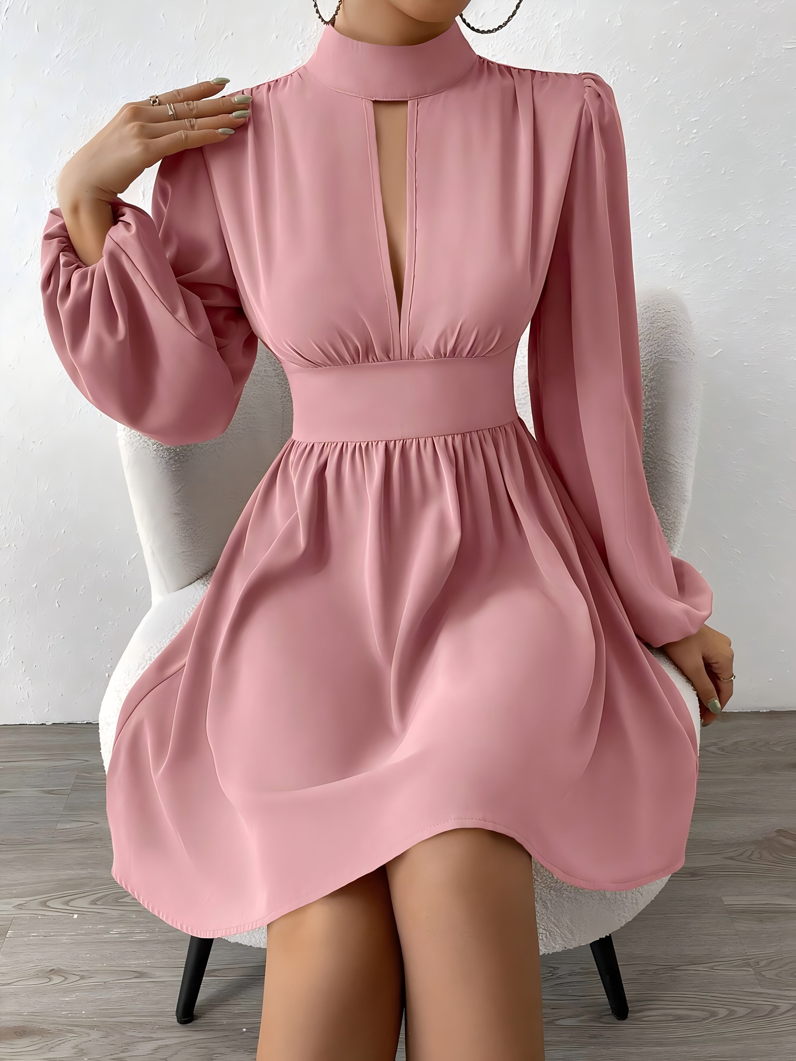 Women's Elegant Waist-Cinching Long Sleeve Dress - Soft Pink Small Round Neck Blouse-Style Top with Flared Skirt, Machine Washable Spring/Fall Office & Casual Wear