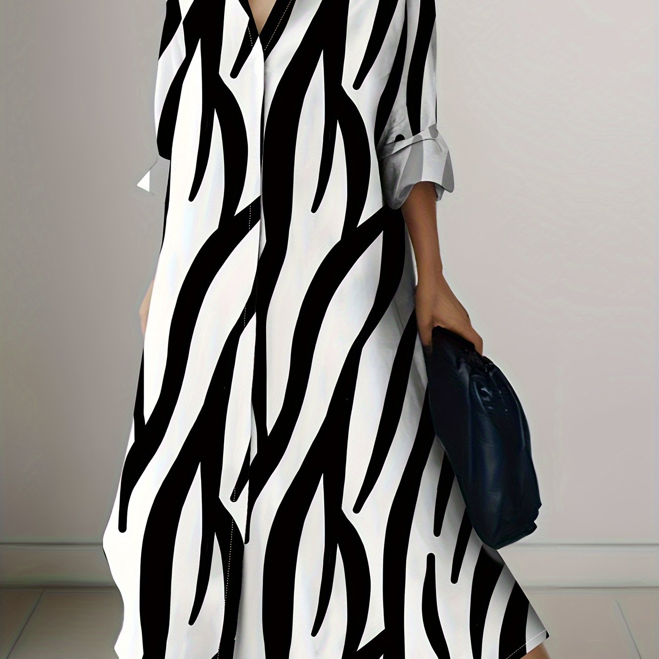 Zebra Print Lapel Collar Long Sleeve Dress, Polyester Vacation Style Button Up Shirting for Adult Women, Spring/Fall Season, 110g/㎡ Woven Fabric