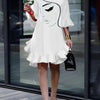 Elegant White 3/4 Sleeve Dress with Ruffled Hem and Face Print, Loose Fit Polyester Blend, Machine Washable, Perfect for Casual and Formal Occasions, Casual Formal Dress | Face Print Dress | Glossy Fabric, Cute Dresses