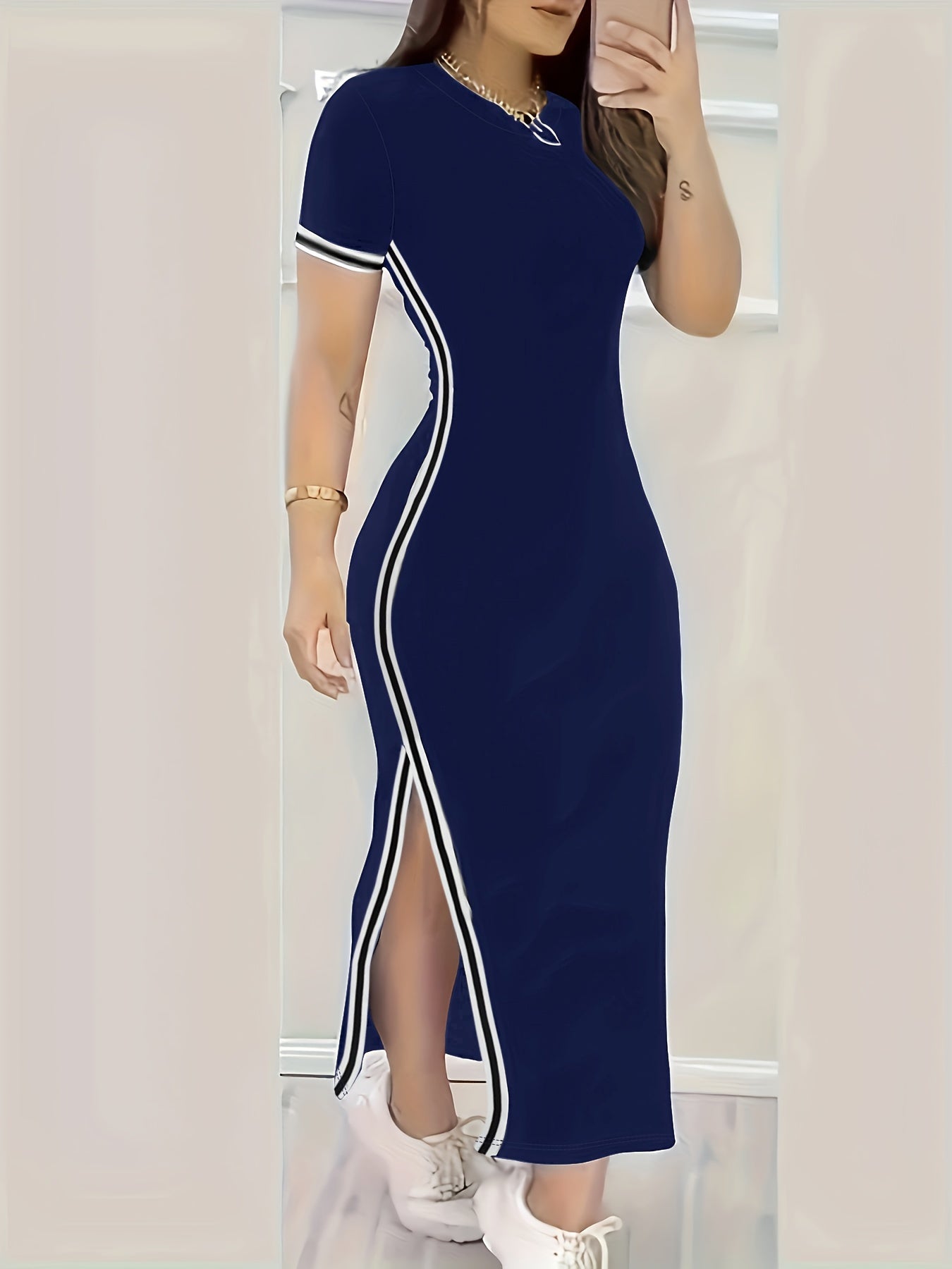 Contrast Trim Split Hem Bodycon Dress, Short Sleeve Crew Neck Casual Dress, Women's Clothing For Party Dressing