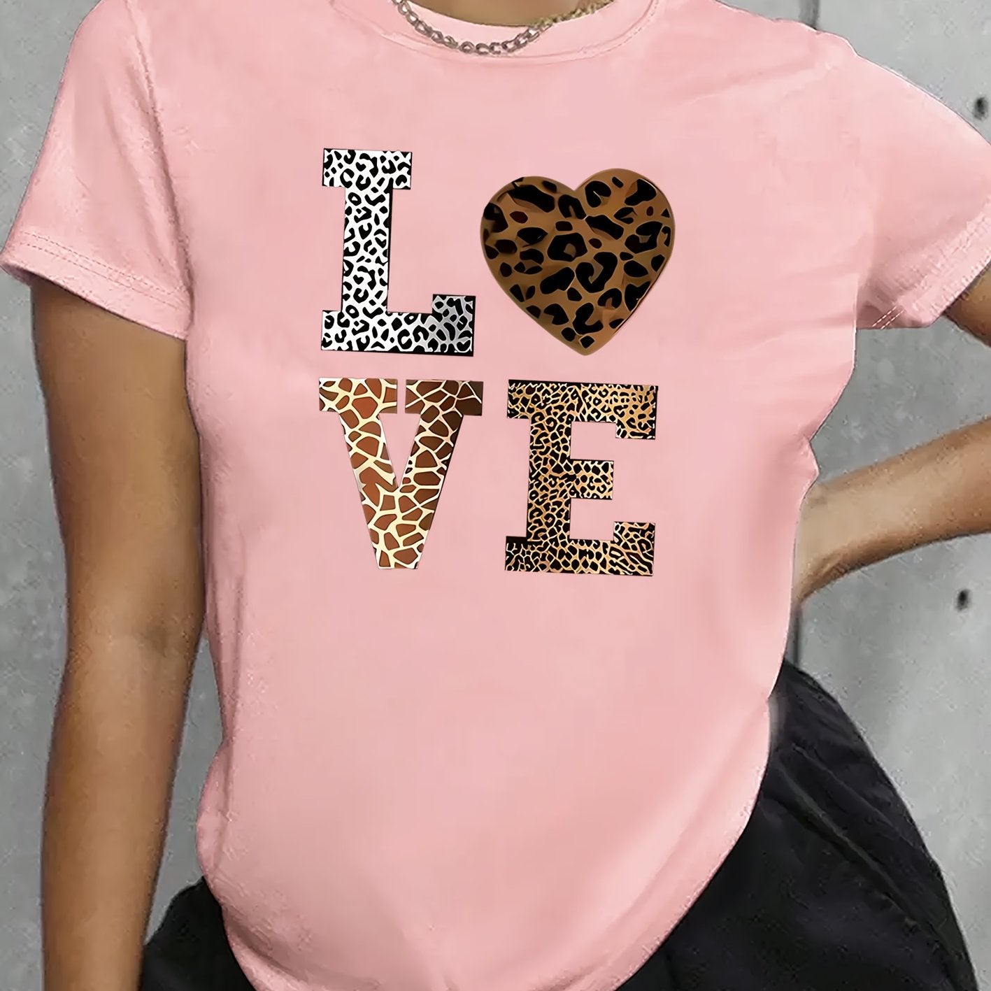 Stylish White 'LOVE' Leopard Heart Print Tee - Casual Round Neck Short Sleeve, 100% Polyester, Machine Washable - Perfect for All Seasons, Casual Wear Tee|Leopard Heart Design|Stretchable Material
