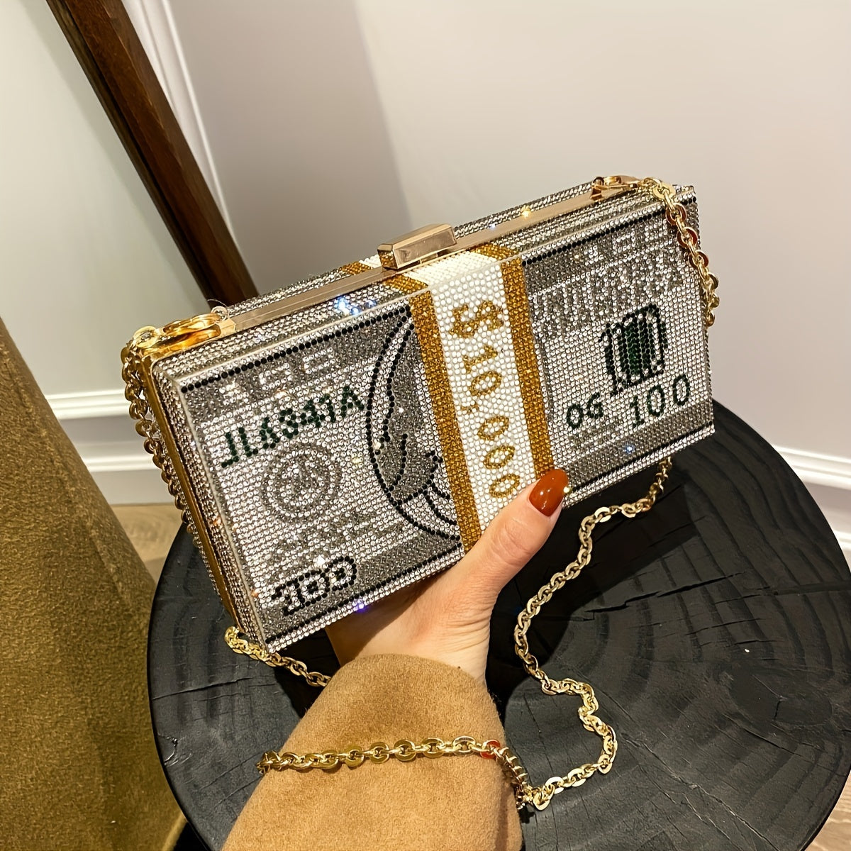 Fashion Dollar Bill Design Clutch - Rhinestone Evening Bag, Creative Personalized Handbag With Chain Shoulder Strap, Small Party Crossbody Purse,  Bag - For Women - Perfect for Parties & Special Occasions - Ideal Gift
