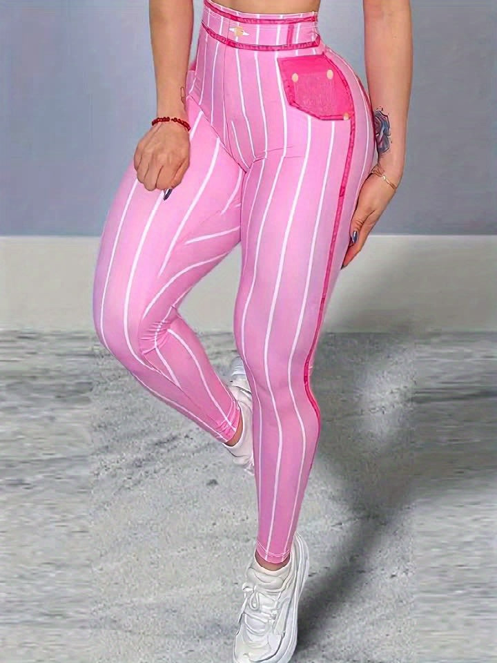 Daerling Women's Fashion Leggings - Elegant Pink & White Striped Print, High-Waisted, Stretchy Polyester Blend with Elastic Detail, Machine Washable - Slimming Effect for All Seasons, Bottoming