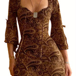 Fashionable Y2k Retro Printed Mini Dress for Women Summer V Neck Flare Sleeve Tie-up Bodycon Split A-line Dress Evening Party Clubwear