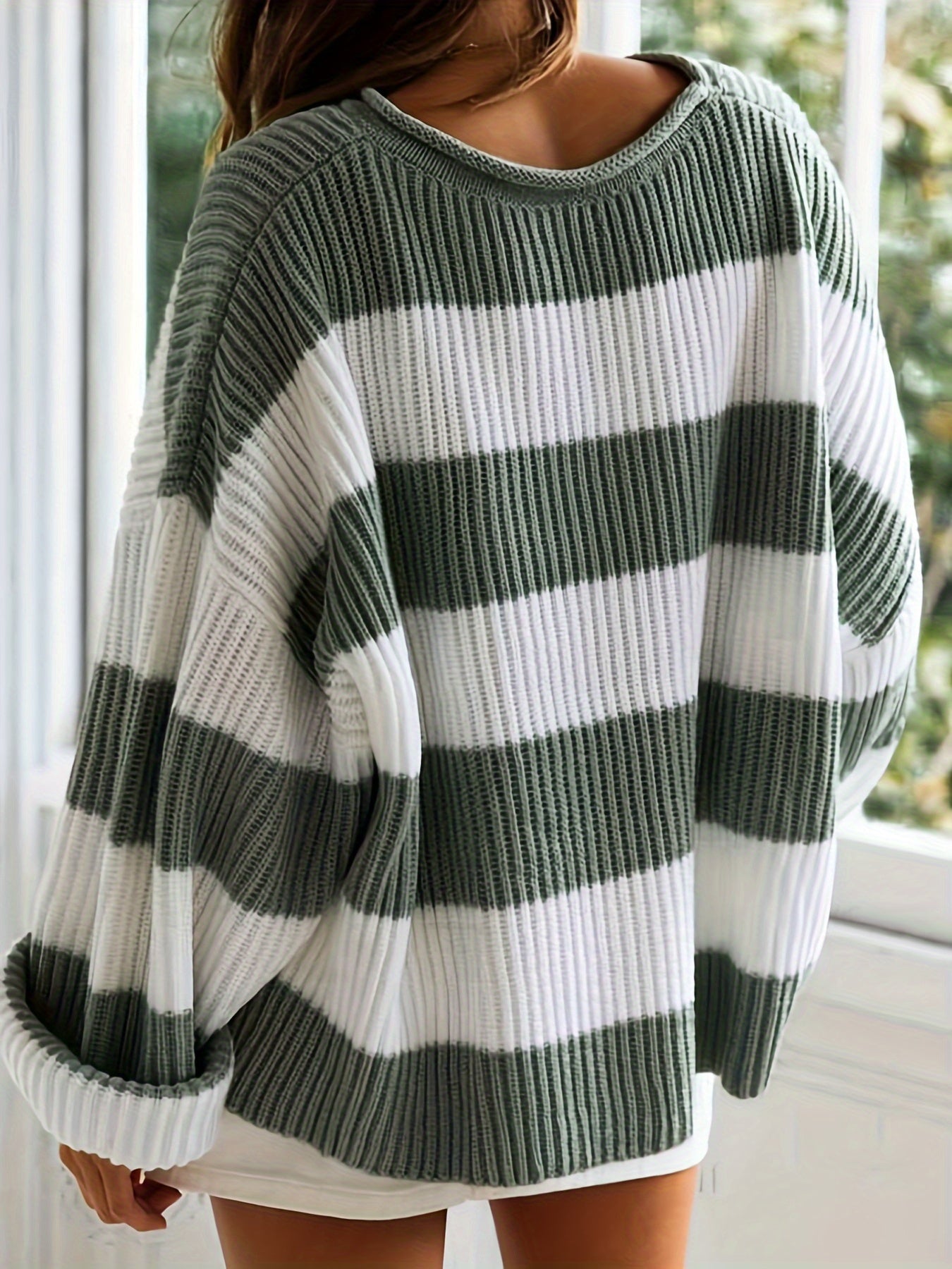 Long Sleeve Acrylic Pullover Sweater - Women's Casual Rib-Knit Crew Neck, Drop Shoulder, Loose Fit, Solid Color, All Season Knit Fabric Top