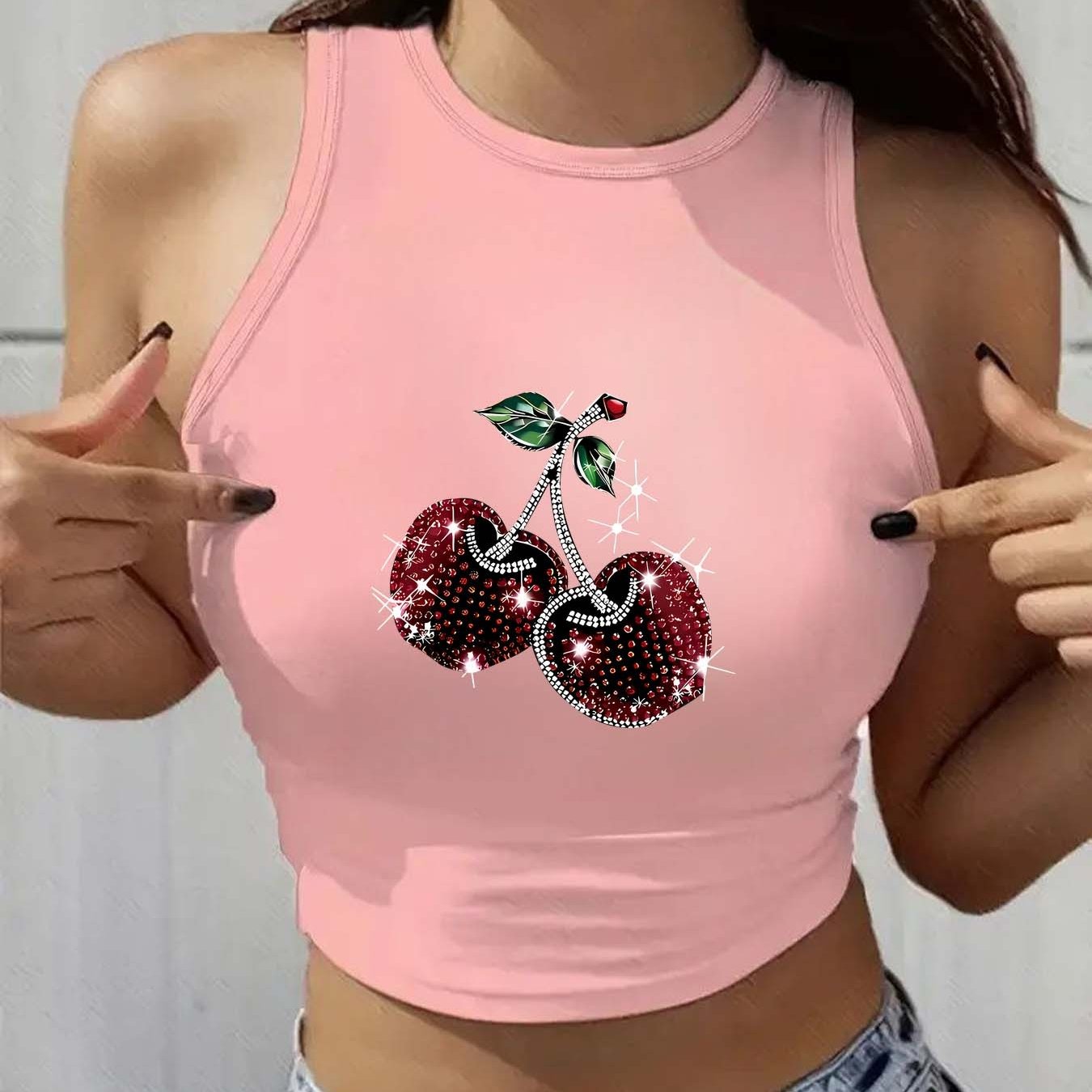 Ladies' Y2K Fashion Round Neck Sleeveless Tank Top, Trendy for Spring And Summer, Suitable for Street Style, Featuring Light Luxury Patterns And Prints. Ideal for Artistic Women, Commuting, Work Attire, Festive Parties, with