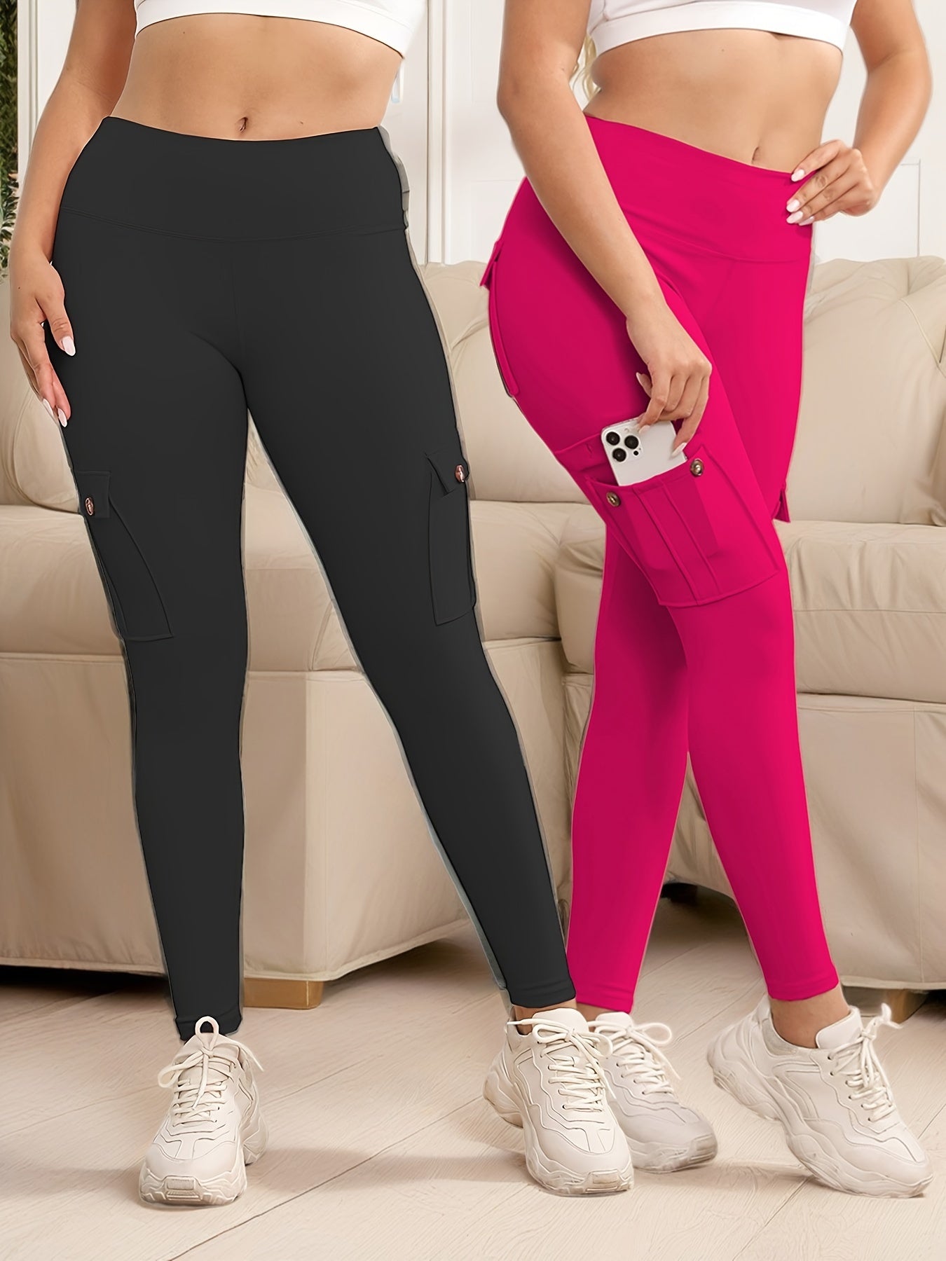 2pcs high-waisted yoga leggings with 4-button pockets, multi-pack butt-lifting and abdominal fitness running four-way elastic work pants, 2pcs leggings set