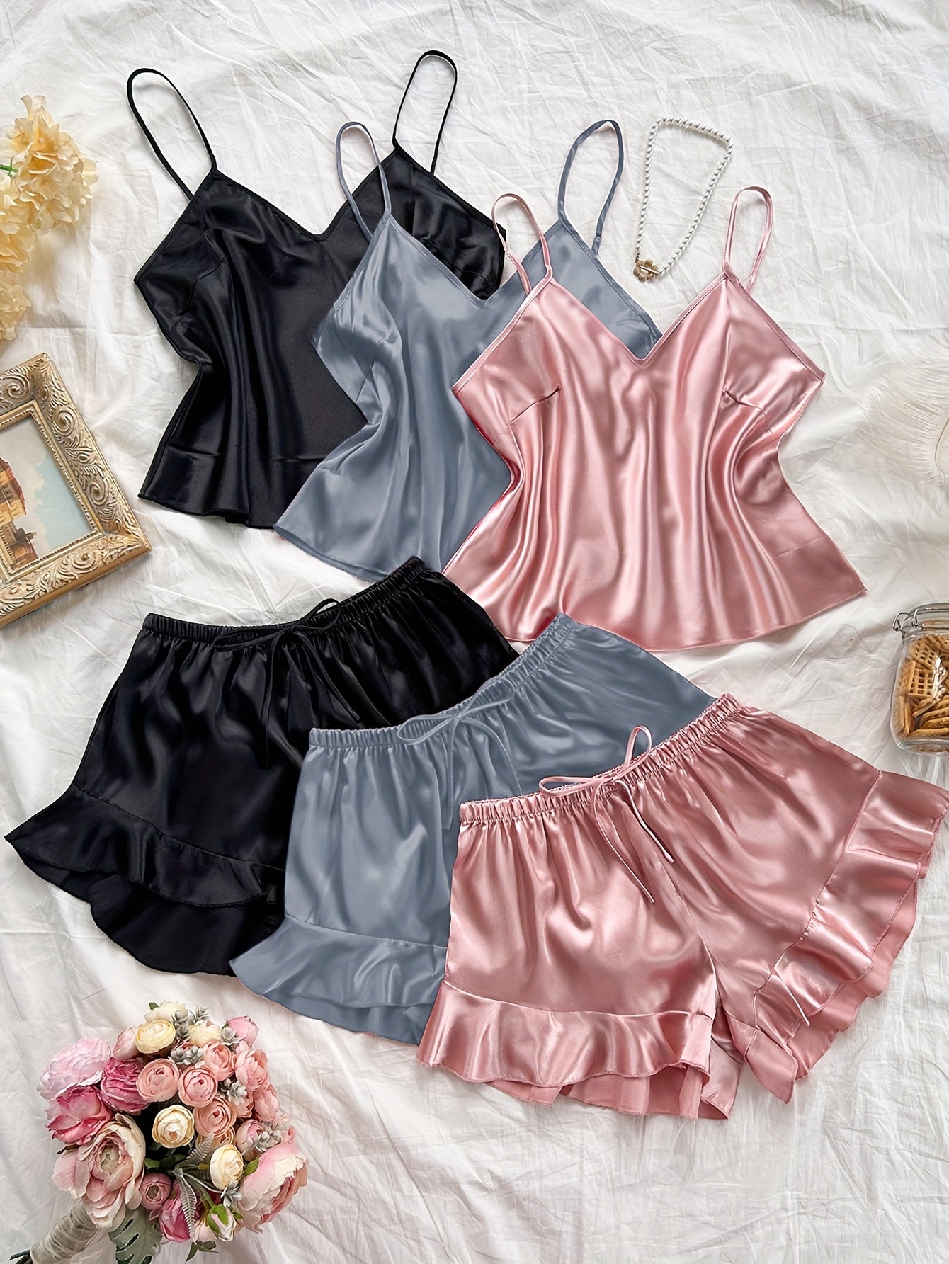 6pcs Set of Stylish And Sexy V-Neck Camisole And Ruffled Shorts Made of Faux Silky, Perfect for Casual And Comfortable Wear in All Seasons.