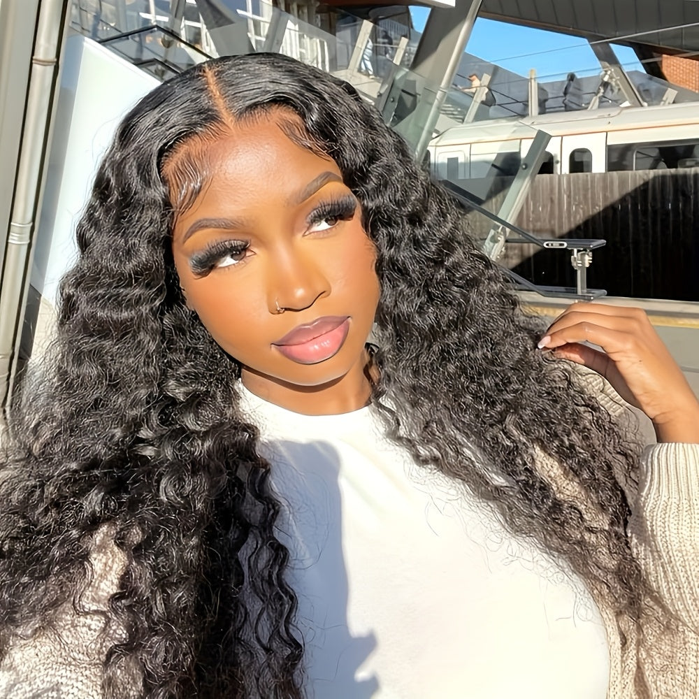 Glueless Long Loose Curly Lace Front Wig - Natural Black, Pre-Plucked 13x4 Free Part, Heat Resistant Synthetic Hair, 24" with Adjustable Straps & Combs for Women, Perfect for Daily Wear, Parties, Weddings & Special Occasions
