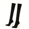 Women's Elastic Mesh Over-the-Knee Boots Elegant Rhinestone Decorated Pointed High-Top Thin Heels Party Fashion Tights Boots, Suitable for Dating, Dance, Nightclub, Valentine's Day