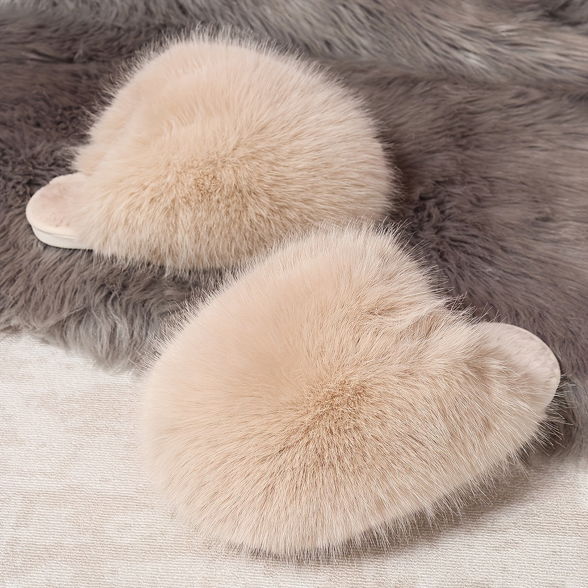 Women's Faux Fur Elegant Slippers – Korean Style, Warm All-Season House Shoes with Non-Slip Rubber Sole